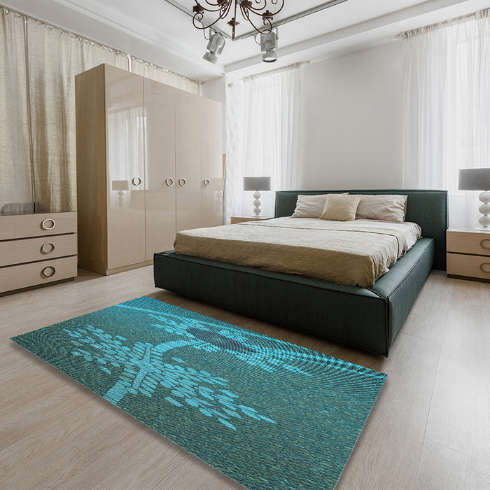 Patterned Dark Turquoise Green Rug in a Bedroom, pat936lblu