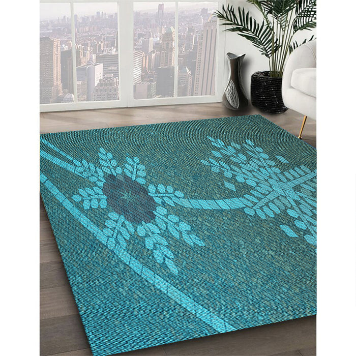 Patterned Dark Turquoise Green Rug in Family Room, pat936lblu