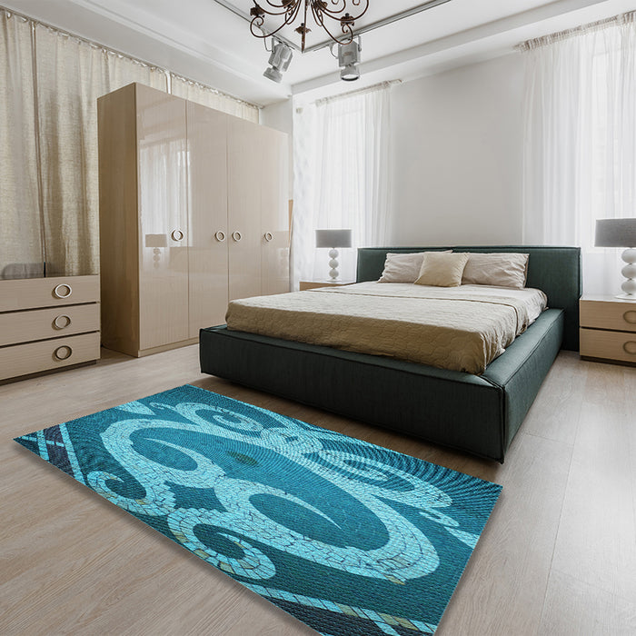 Patterned Dark Cyan Green Rug in a Bedroom, pat937lblu