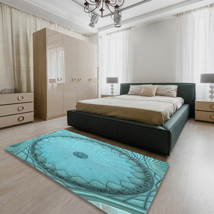 Patterned Deep-Sea Green Rug in a Bedroom, pat938lblu