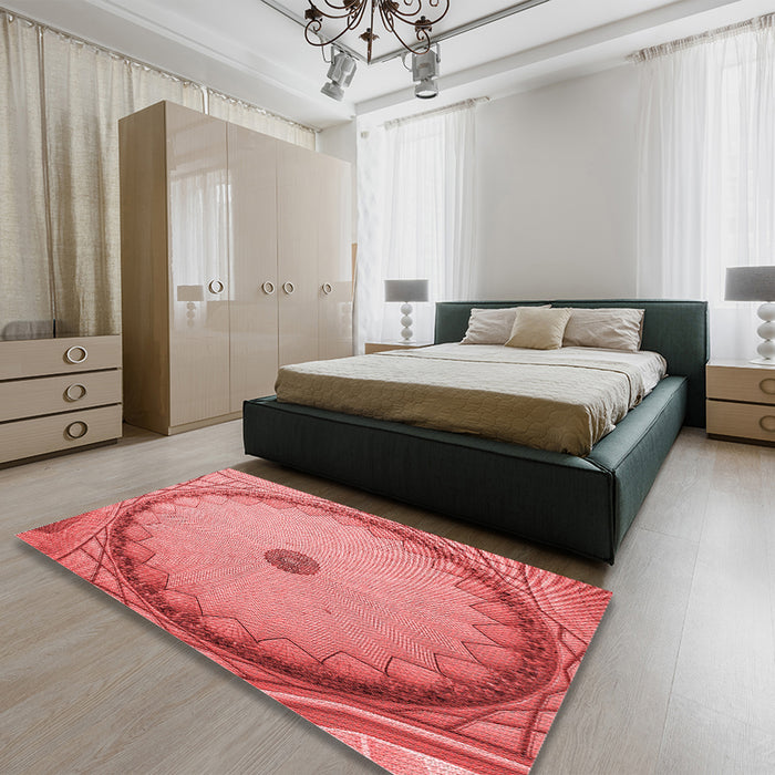 Patterned Light Coral Pink Rug in a Bedroom, pat938rd