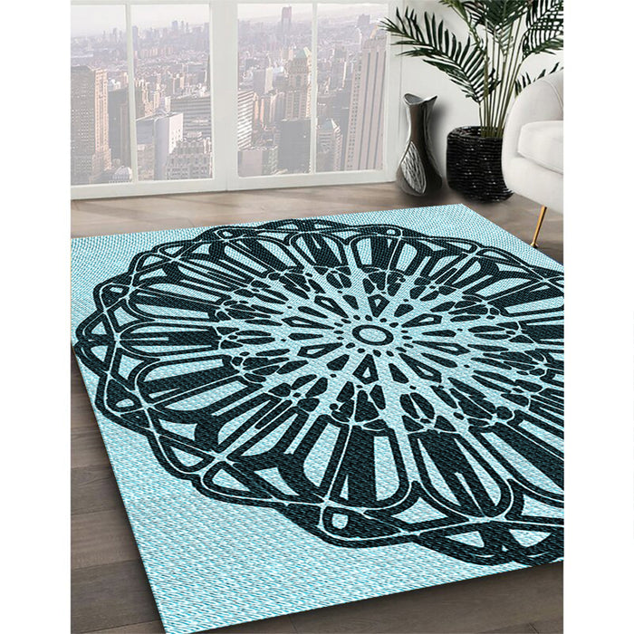 Patterned Deep Teal Green Rug in Family Room, pat940lblu