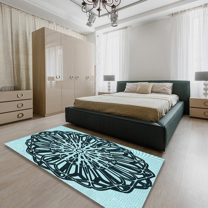 Patterned Deep Teal Green Rug in a Bedroom, pat940lblu