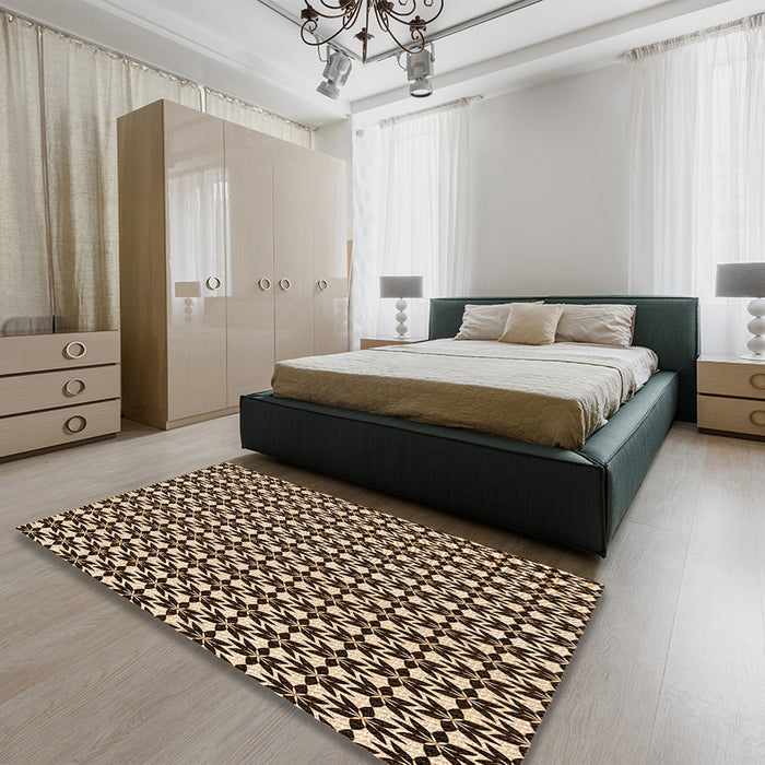 Patterned Black Brown Rug in a Bedroom, pat946org