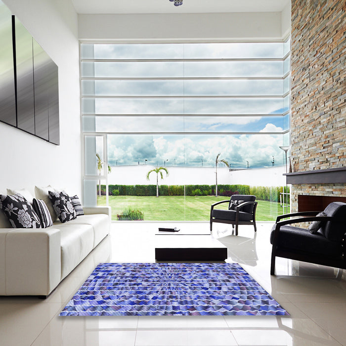 Square Patterned Jeans Blue Rug in a Living Room, pat951blu