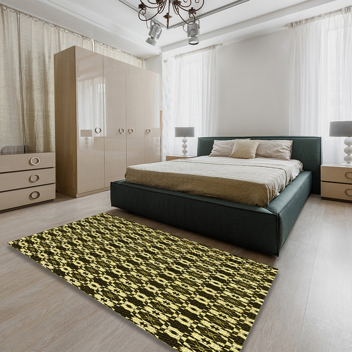 Patterned Metallic Gold Rug in a Bedroom, pat956yw