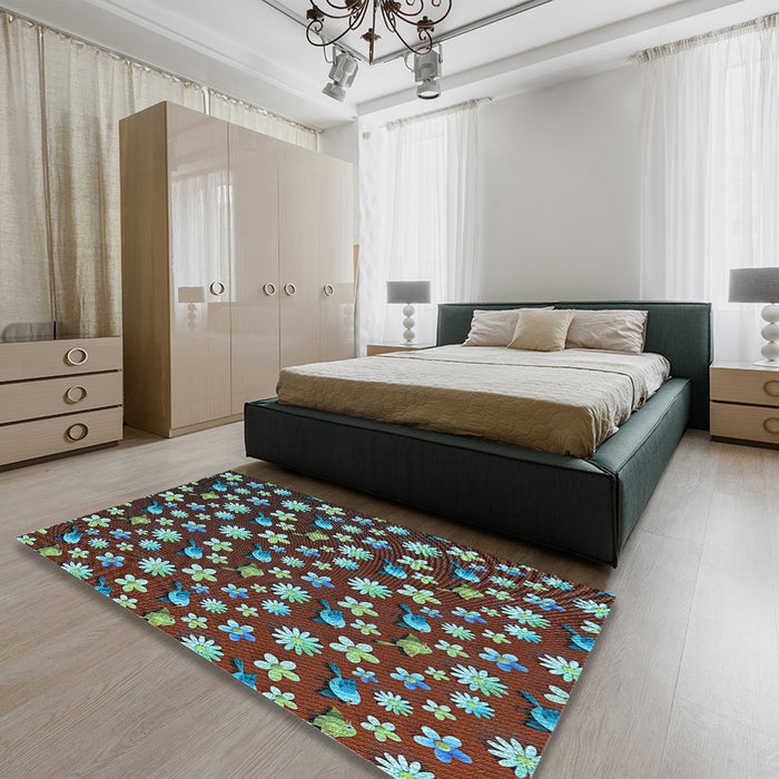 Patterned Cadet Blue Green Rug in a Bedroom, pat960lblu