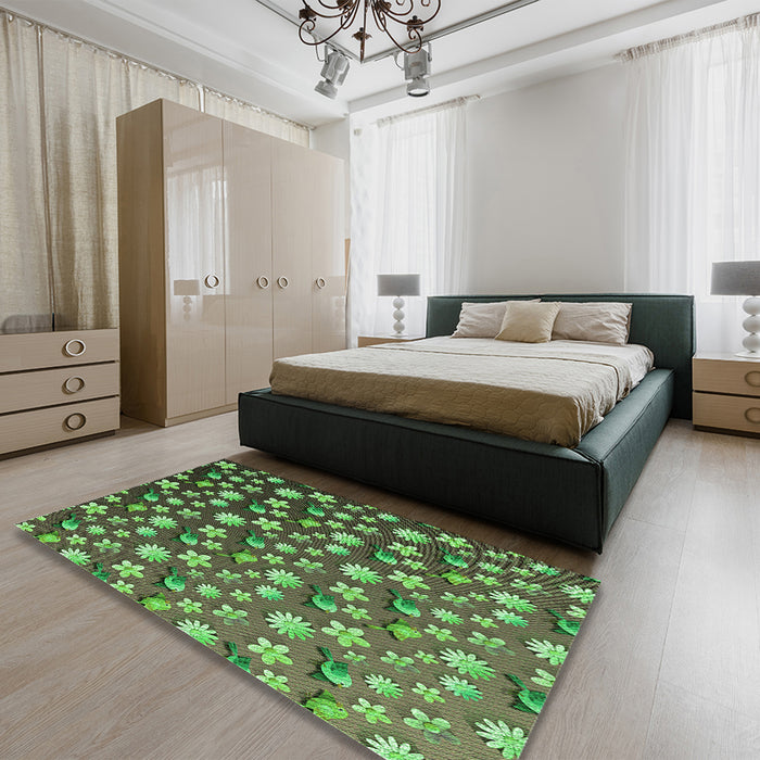 Patterned Green Rug in a Bedroom, pat961grn