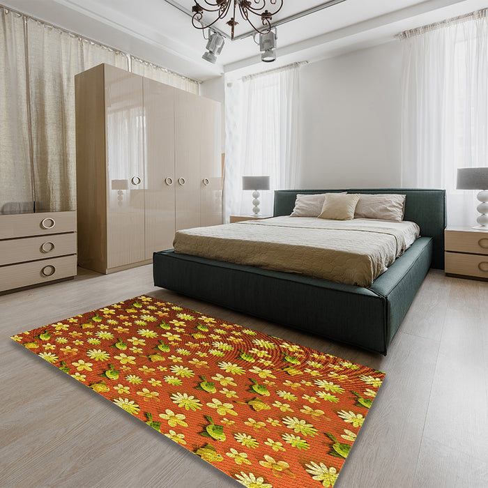 Patterned Yellow Rug in a Bedroom, pat961yw