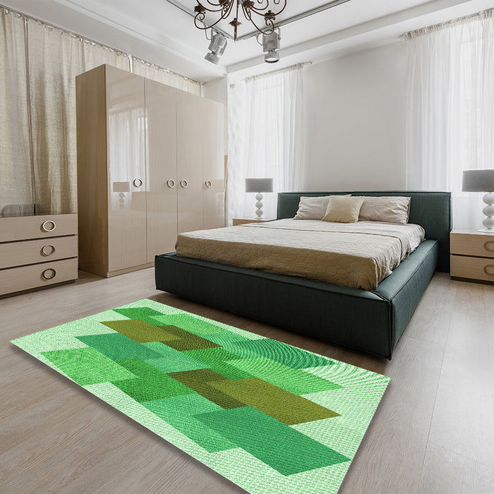 Patterned Dark Lime Green Rug in a Bedroom, pat965grn