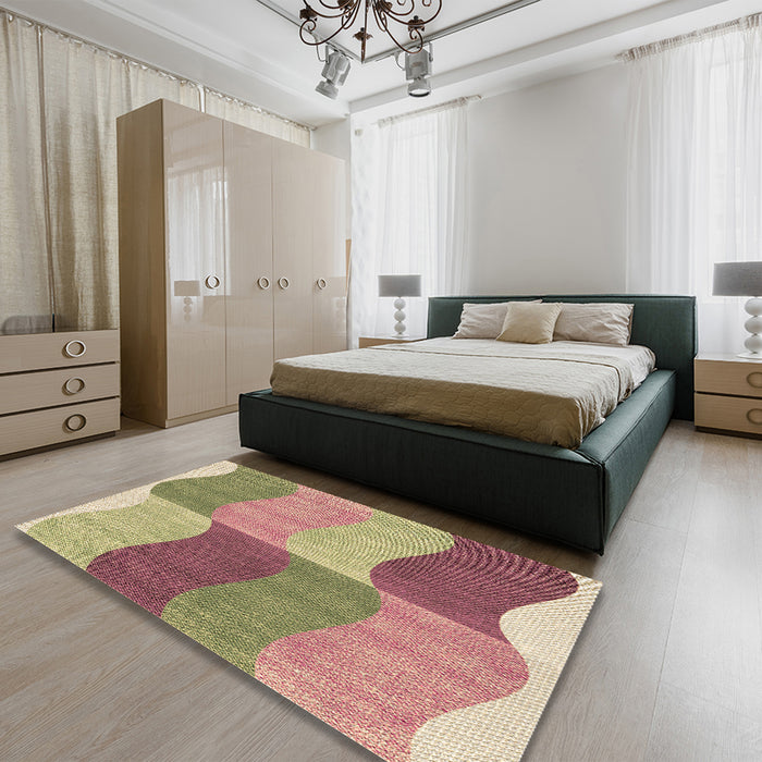Patterned Ginger Brown Green Rug in a Bedroom, pat966brn