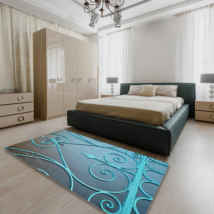 Patterned Green Rug in a Bedroom, pat969lblu