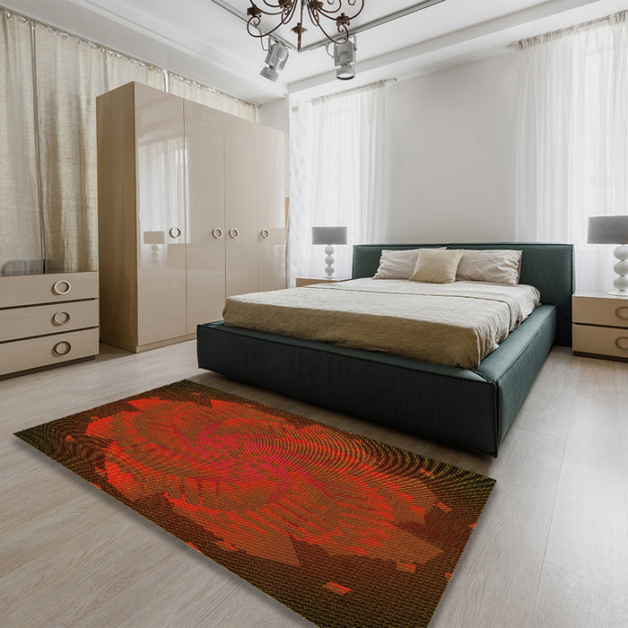 Patterned Mahogany Brown Rug in a Bedroom, pat971yw
