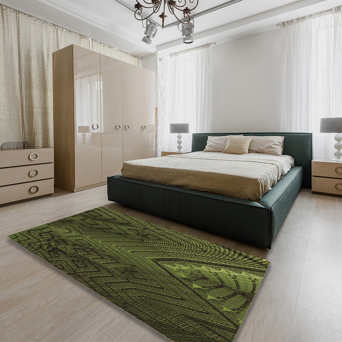 Patterned Olive Green Rug in a Bedroom, pat972brn