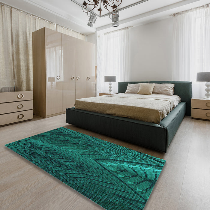 Patterned Dark Cyan Green Rug in a Bedroom, pat972lblu