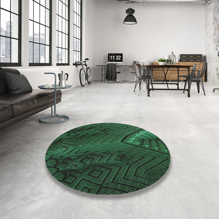 Round Patterned Dark Forest Green Novelty Rug in a Office, pat972