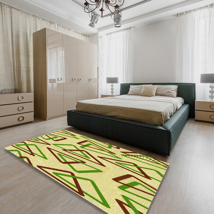 Patterned Dark Golden Brown Rug in a Bedroom, pat973yw