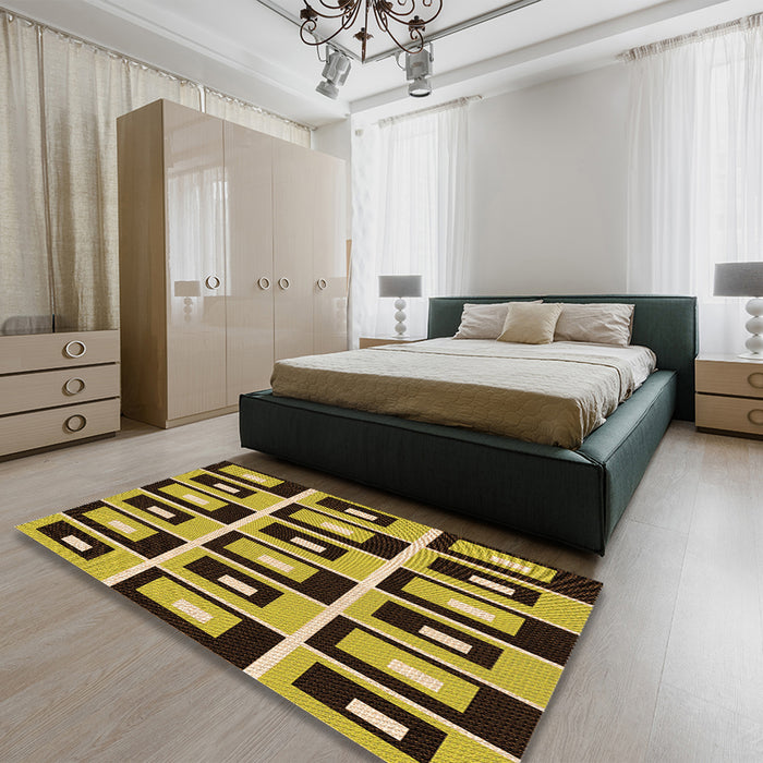 Patterned Golden Brown Yellow Rug in a Bedroom, pat975org