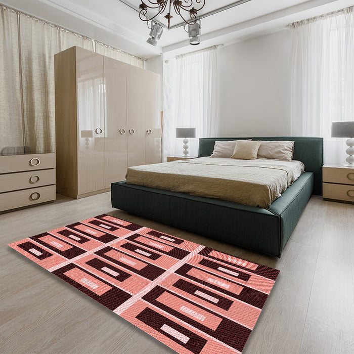 Patterned Vermilion Red Rug in a Bedroom, pat975rd
