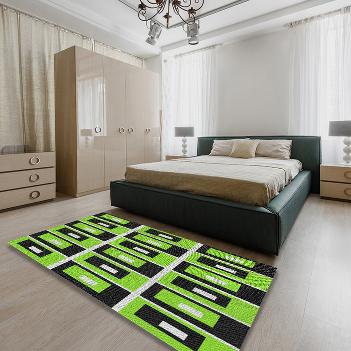 Patterned Yellowish Green Modern Rug in a Bedroom, pat975