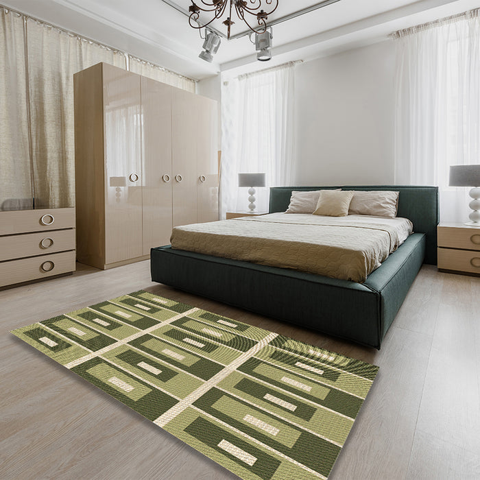 Patterned Antique Bronze Green Rug in a Bedroom, pat977brn