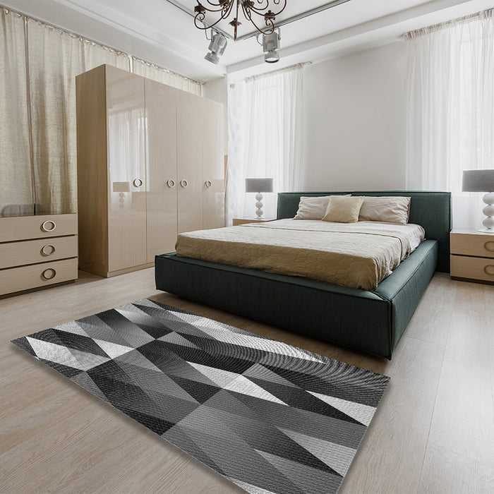 Patterned Dark Gray Black Rug in a Bedroom, pat98gry