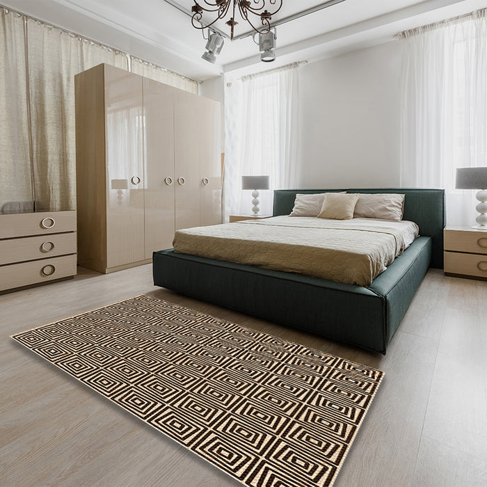 Patterned Black Brown Rug in a Bedroom, pat983org