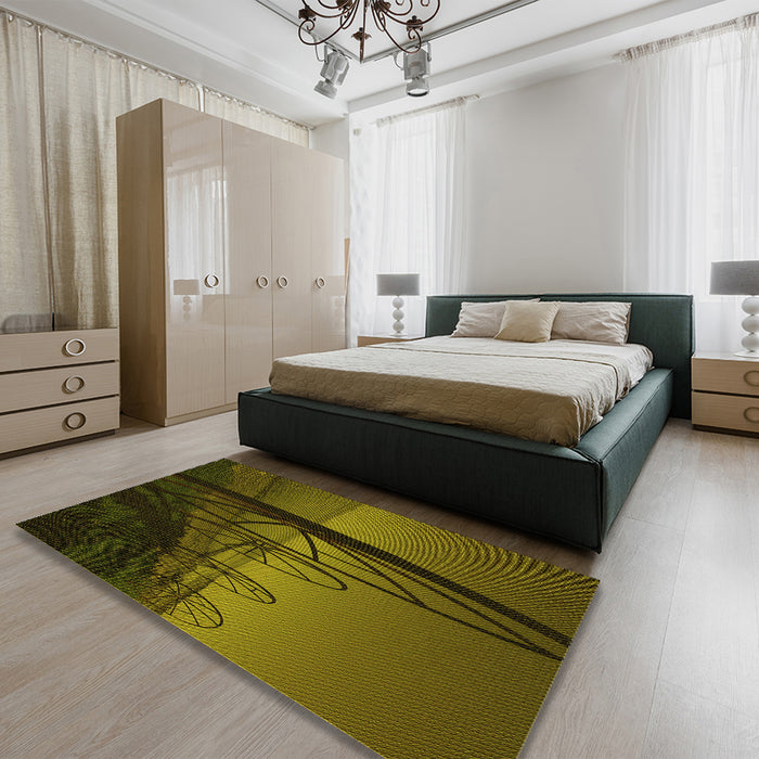 Patterned Dark Yellow Green Rug in a Bedroom, pat987yw