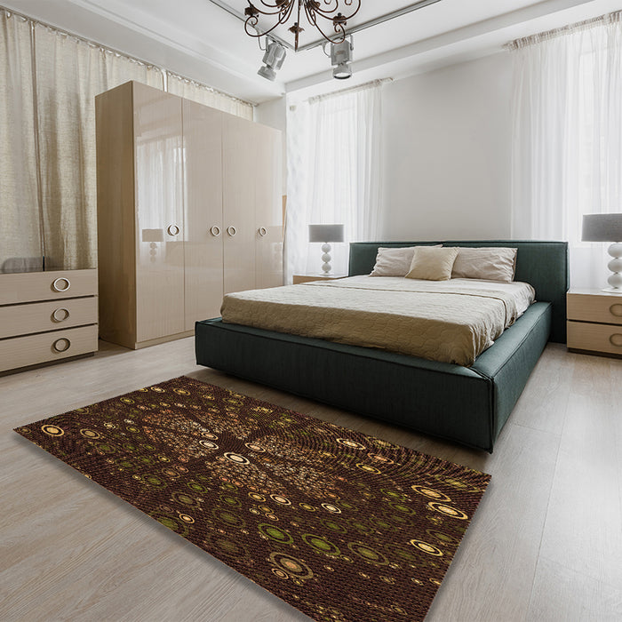 Patterned Saddle Brown Rug in a Bedroom, pat989org
