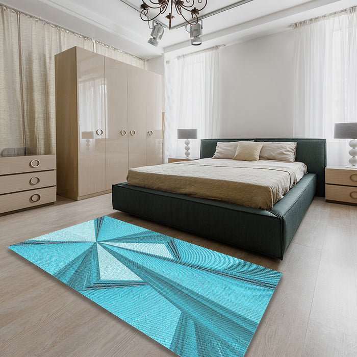 Patterned Dark Turquoise Green Rug in a Bedroom, pat990lblu