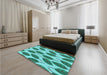 Patterned Bright Turquoise Blue Rug in a Bedroom, pat993lblu