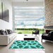 Square Patterned Bright Turquoise Blue Rug in a Living Room, pat993lblu