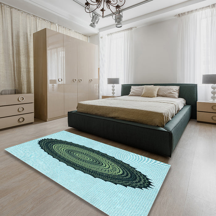 Patterned Light Aquamarine Green Rug in a Bedroom, pat996lblu