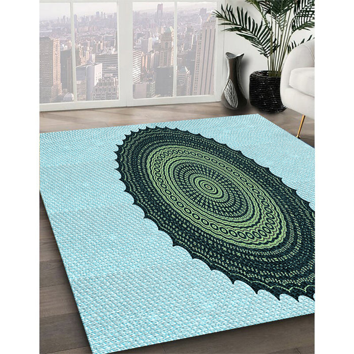 Machine Washable Transitional Light Aquamarine Green Rug in a Family Room, wshpat996lblu