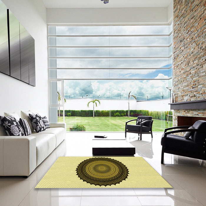 Machine Washable Transitional Mustard Yellow Rug in a Kitchen, wshpat996yw