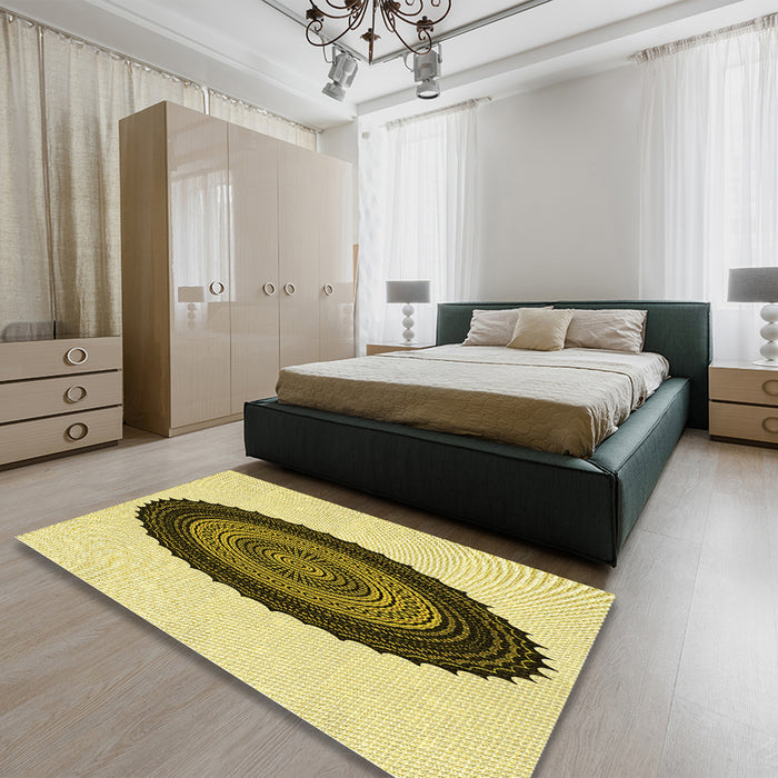 Patterned Mustard Yellow Rug in a Bedroom, pat996yw