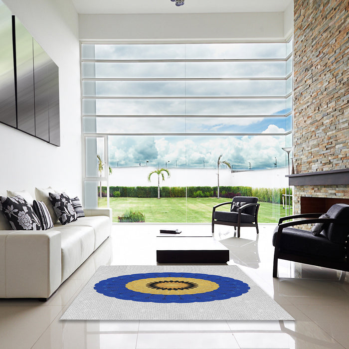 Square Patterned Azure Blue Novelty Rug in a Living Room, pat997