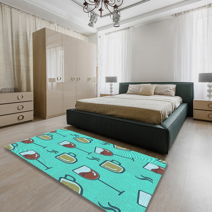 Patterned Bright Cyan Blue Rug in a Bedroom, pat999lblu