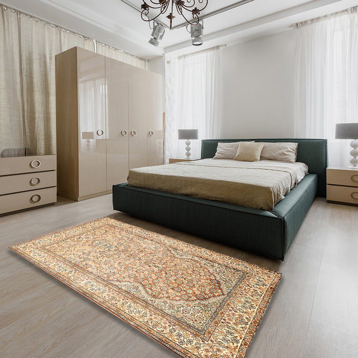 Traditional Brown Gold Persian Rug in a Bedroom, tr1007