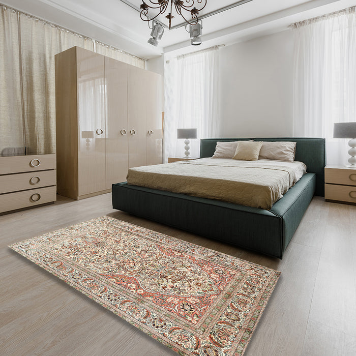 Traditional Dark Gold Brown Persian Rug in a Bedroom, tr1019