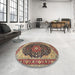 Round Traditional Brownish Green Medallion Rug in a Office, tr1052