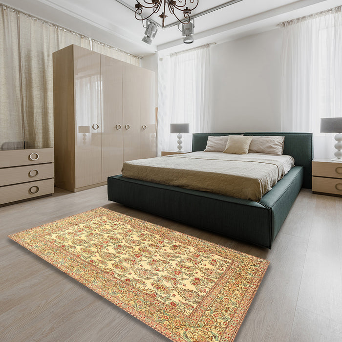 Traditional Mustard Yellow Persian Rug in a Bedroom, tr1053