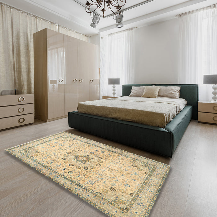 Traditional Brown Gold Medallion Rug in a Bedroom, tr1054