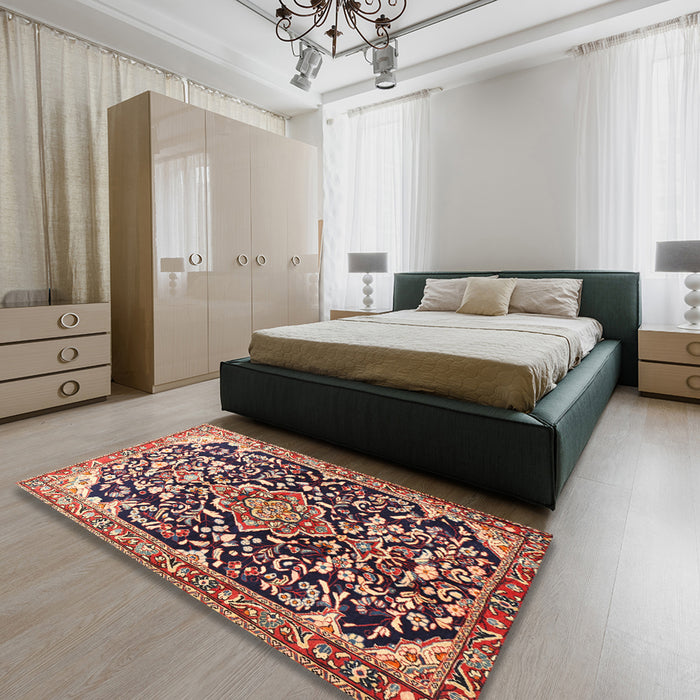 Machine Washable Traditional Vermilion Red Rug in a Bedroom, wshtr1055