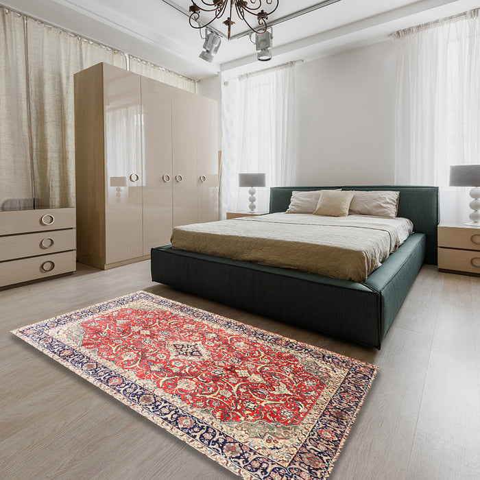 Traditional Brown Red Medallion Rug in a Bedroom, tr1058