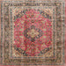 Round Machine Washable Traditional Brown Red Rug, wshtr1069