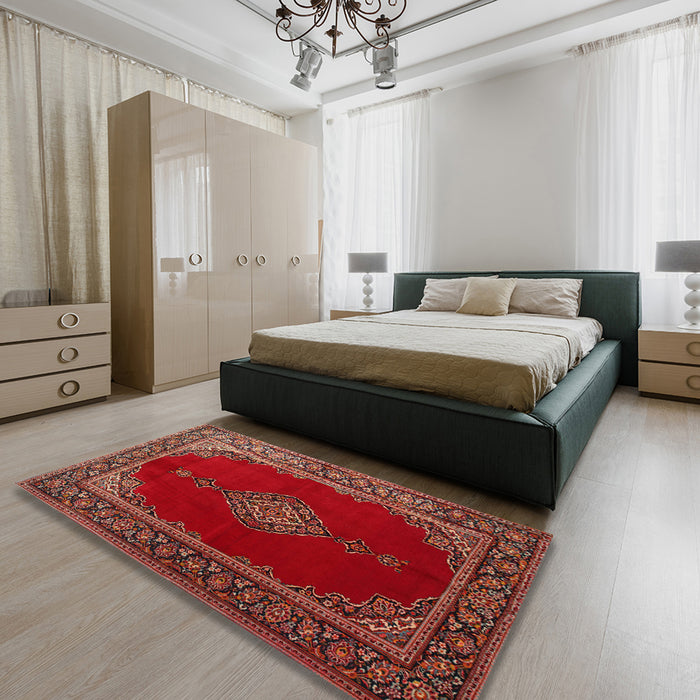 Traditional Sienna Brown Medallion Rug in a Bedroom, tr106