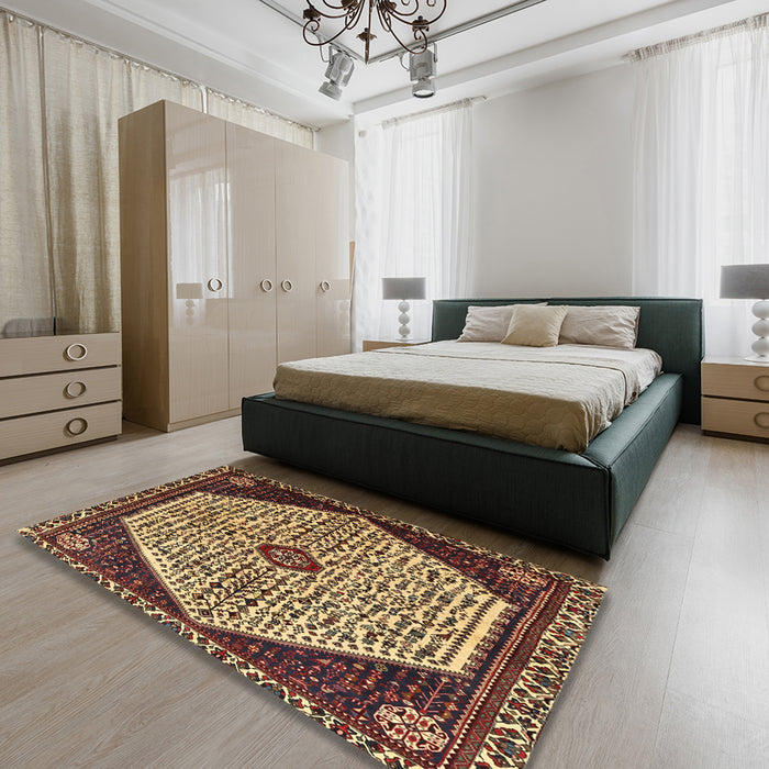 Traditional Metallic Gold Persian Rug in a Bedroom, tr1073
