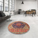 Round Traditional Fire Brick Red Medallion Rug in a Office, tr1089