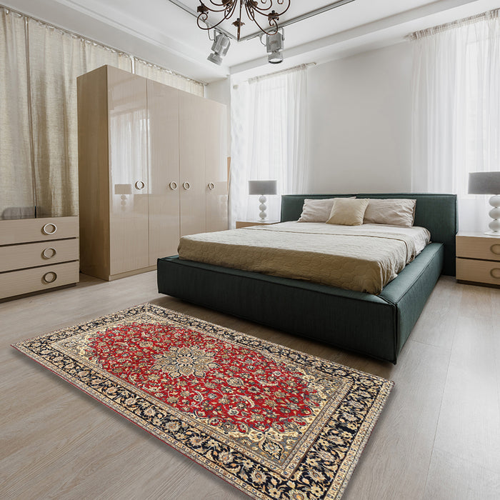 Machine Washable Traditional Vermilion Red Rug in a Bedroom, wshtr1092